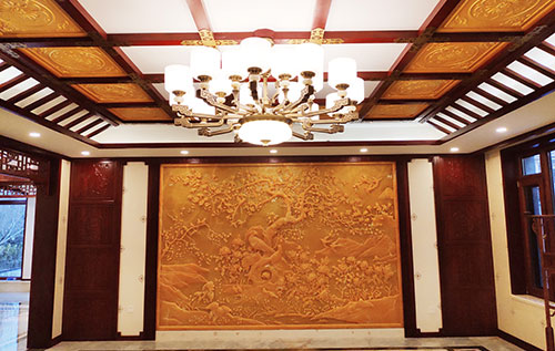 肃北中式别墅客厅中式木作横梁吊顶装饰展示