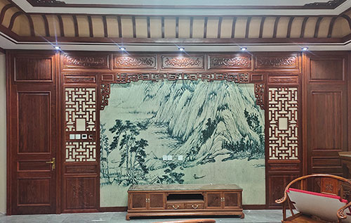 肃北中式仿古别墅客厅背景墙花格木作装饰